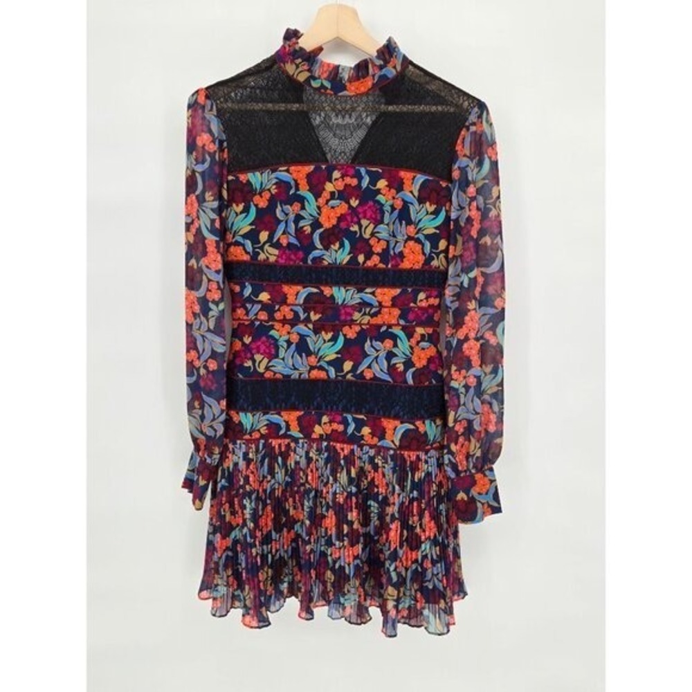 Saloni Dina Tropical Lace Panel‎ Silk Ruffle Floral Mini Dress Size 6 - Picture 4 of 12